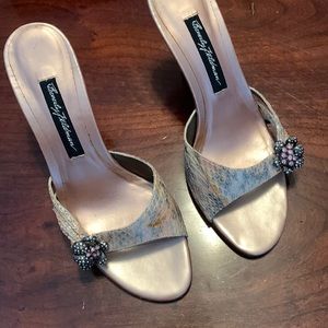 Beverly Feldman pink multi snake print with embellishments heels in size 6.0